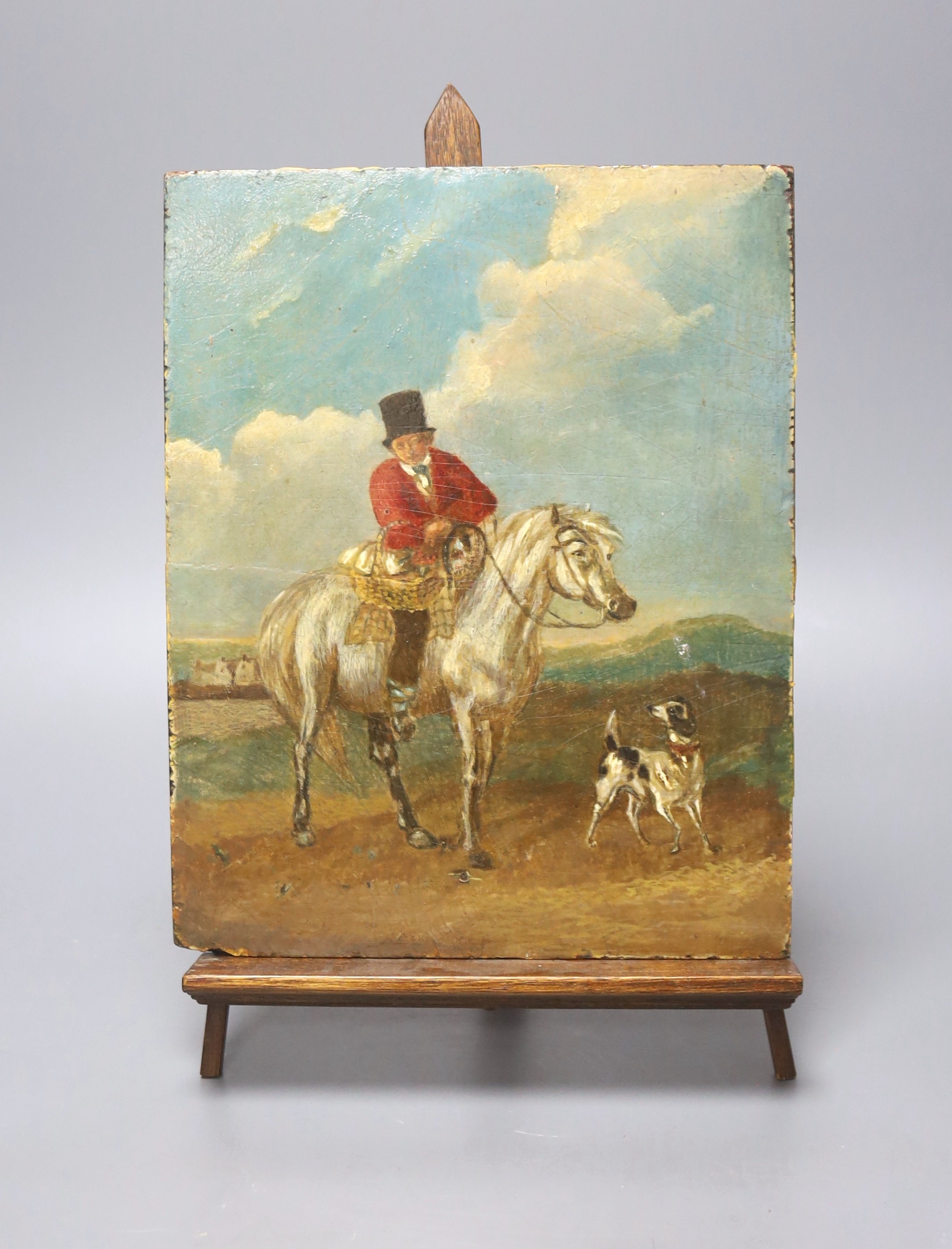 After Edmund Bristow, c.1830, oil on wooden panel, Gentleman on horseback on route to market, 23 x 18cm, unframed